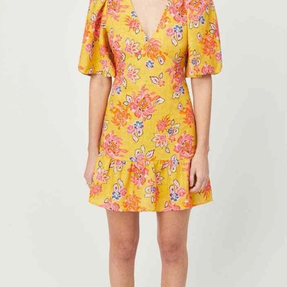 Yellow Floral V-Neck Short Dress Rhode Mariana Dress in Gold Lanai